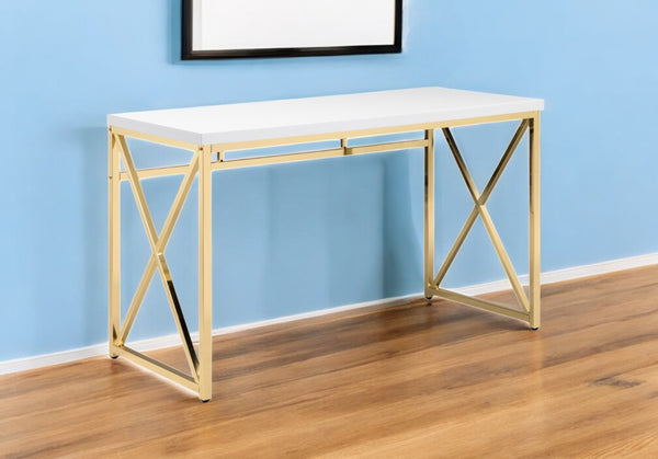 HomeRoots 47" Elegant White and Gold Computer Desk - Modern Design, Durable Materials for Stylish Workspaces 554206
