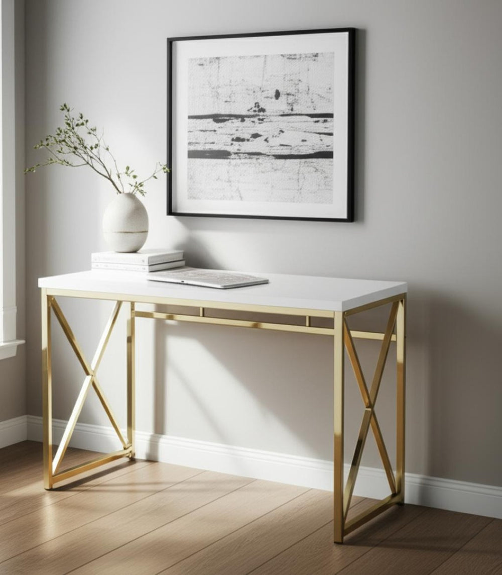 HomeRoots 47" Elegant White and Gold Computer Desk - Modern Design, Durable Materials for Stylish Workspaces 554206
