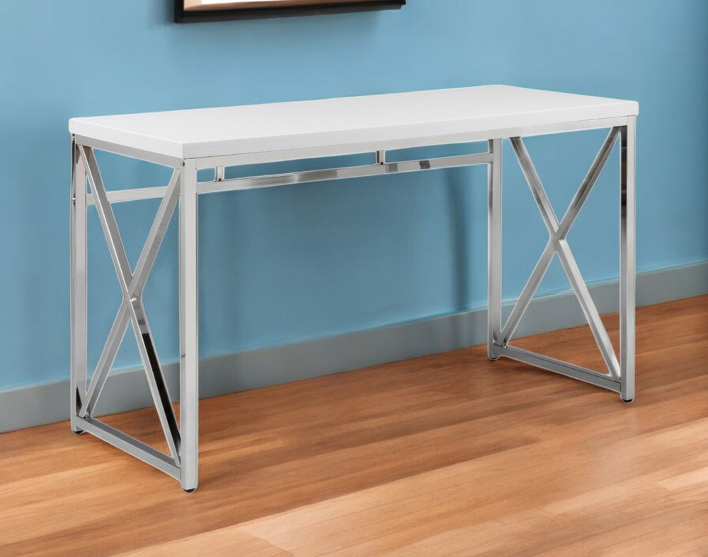 HomeRoots 47" Contemporary White Birch Computer Desk with Chrome-Silver Base for Home Office & Workspaces 554207