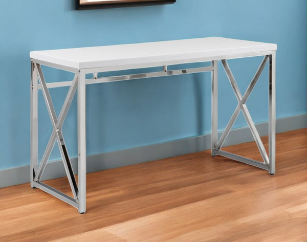 HomeRoots 47" Contemporary White Birch Computer Desk with Chrome-Silver Base for Home Office & Workspaces 554207