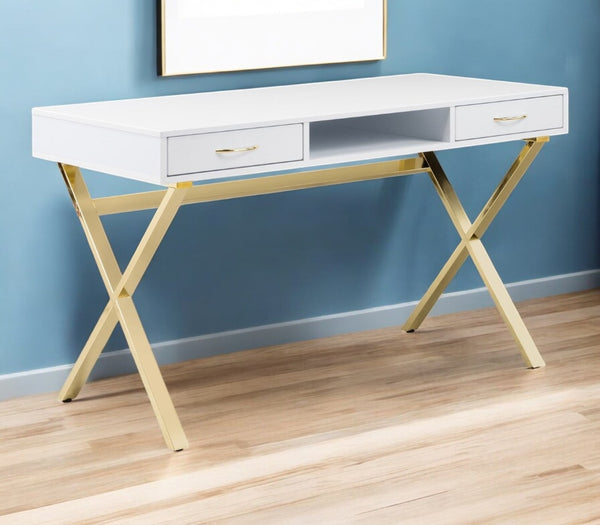 HomeRoots 47" Elegant White and Gold Computer Desk – Stylish, Durable, and Space-Saving with Smart Storage 554208