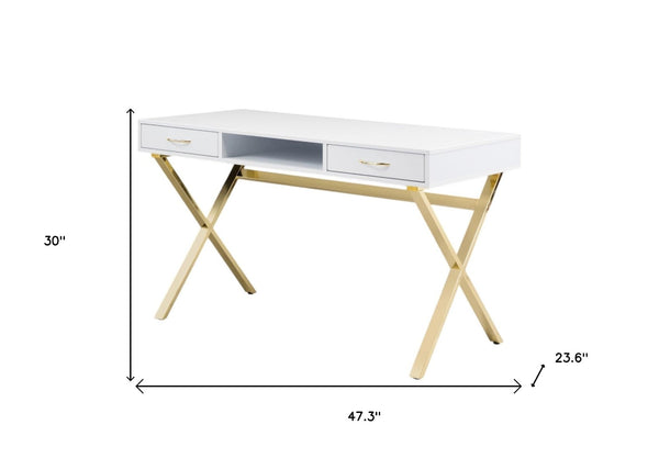 HomeRoots 47" Elegant White and Gold Computer Desk – Stylish, Durable, and Space-Saving with Smart Storage 554208
