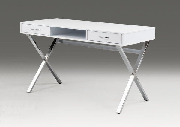 HomeRoots 47" Modern White and Silver Wood & Metal Computer Desk with 2 Drawers for Stylish Home Office Use 554209