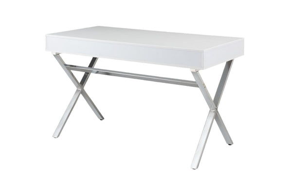 HomeRoots 47" Modern White and Silver Wood & Metal Computer Desk with 2 Drawers for Stylish Home Office Use 554209