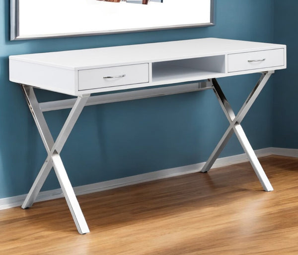 HomeRoots 47" Modern White and Silver Wood & Metal Computer Desk with 2 Drawers for Stylish Home Office Use 554209