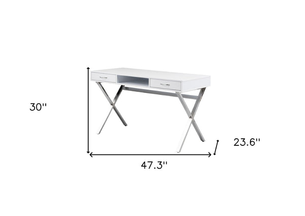 HomeRoots 47" Modern White and Silver Wood & Metal Computer Desk with 2 Drawers for Stylish Home Office Use 554209