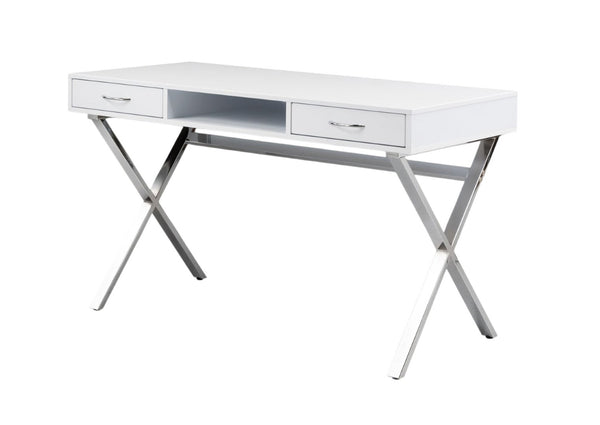 HomeRoots 47" Modern White and Silver Wood & Metal Computer Desk with 2 Drawers for Stylish Home Office Use 554209