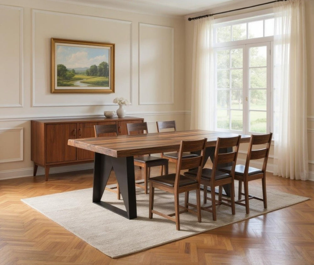 HomeRoots Seven Piece Solid Wood Dining Set with 6 Stylish Ladder-Back Chairs for Elegant Gatherings 554234