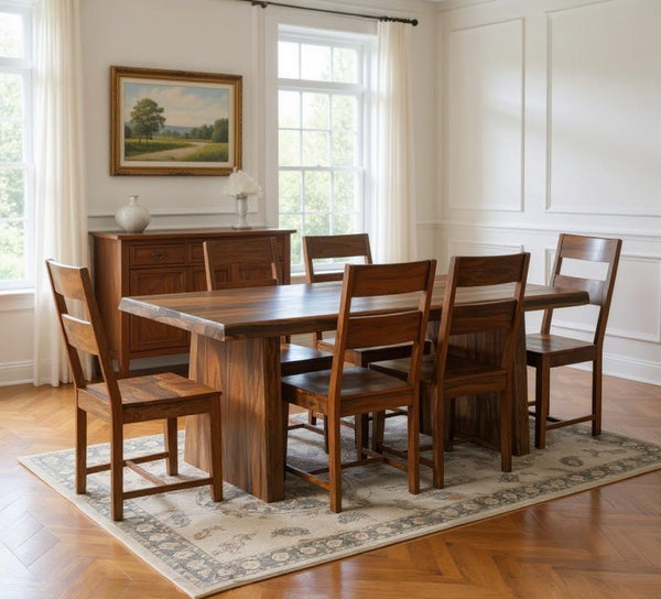 HomeRoots Seven-Piece Solid Wood Dining Set with Comfortable Ladder-Back Chairs for Timeless Gatherings 554236