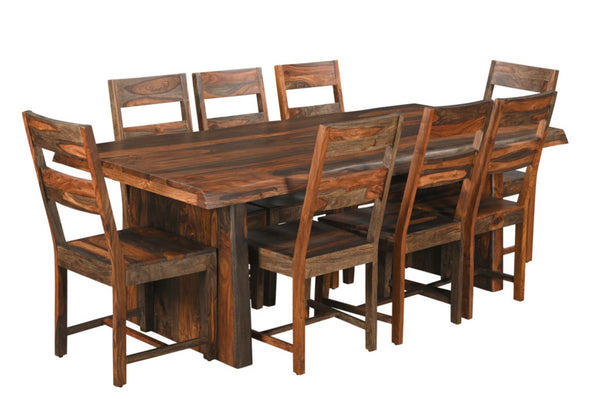 HomeRoots Nine Piece Solid Wood Dining Set - Timeless Brown Table & 8 Comfortable Ladder-Back Chairs 554237