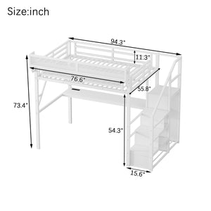 English Elm Full Loft Bed with Desk and Charging Station, Metal Loft with Stairs, Wardrobe, Shelves & Light White W2580S00046