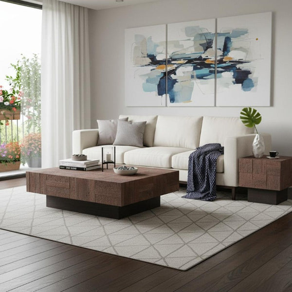 Set of Two Solid Wood Square Block Coffee Tables for Modern Living Room Accent Decor