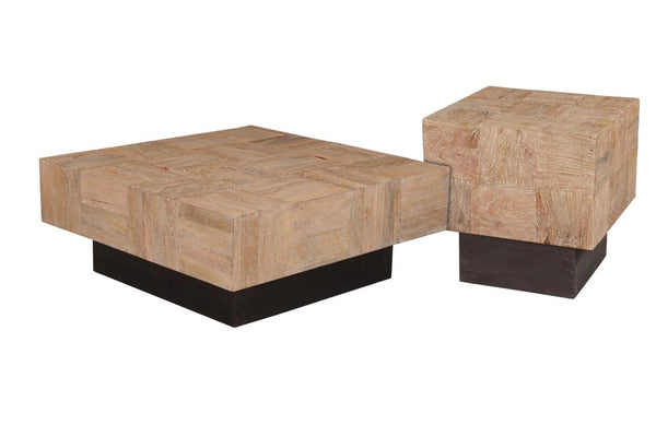 Set of Two Solid Wood Square Block Coffee Tables for Modern Living Room Accent Decor
