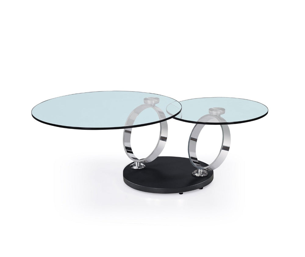 HomeRoots 32" Clear Glass Round Coffee Table with Black and Silver Abstract Metal Base for Modern Spaces 554265