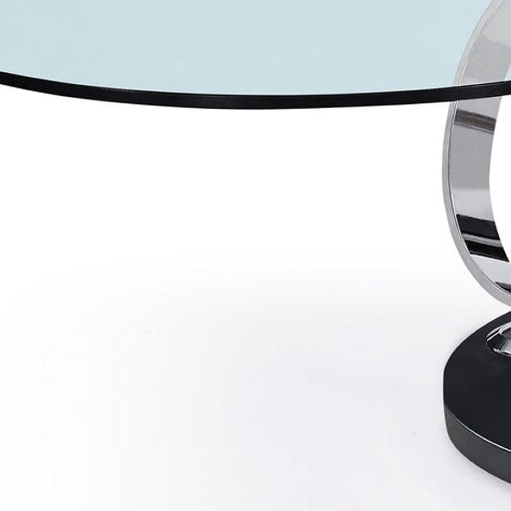 HomeRoots 32" Clear Glass Round Coffee Table with Black and Silver Abstract Metal Base for Modern Spaces 554265