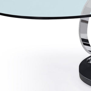 HomeRoots 32" Clear Glass Round Coffee Table with Black and Silver Abstract Metal Base for Modern Spaces 554265