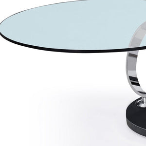HomeRoots 32" Clear Glass Round Coffee Table with Black and Silver Abstract Metal Base for Modern Spaces 554265