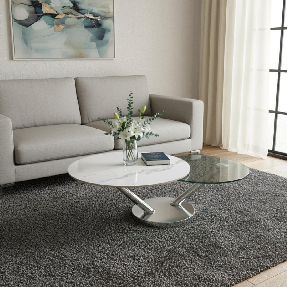 HomeRoots 32" Sleek Clear Glass & Silver Metal Round Coffee Table - Modern Design for Living Rooms & Offices 554267