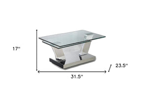 HomeRoots 32" Modern Glass and Stainless Steel Coffee Table with Floor Shelf – Sleek Design for Any Room 554268