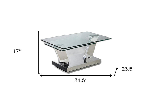 HomeRoots 32" Modern Glass and Stainless Steel Coffee Table with Floor Shelf – Sleek Design for Any Room 554268