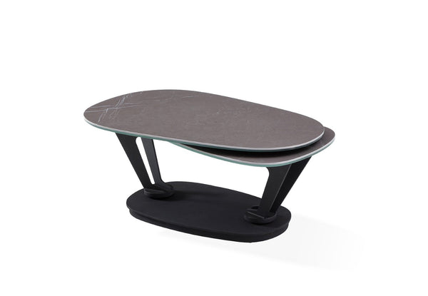 HomeRoots 36" Gray Ceramic Faux Marble Oval Coffee Table with Black Metal Base for Stylish Living Spaces 554269