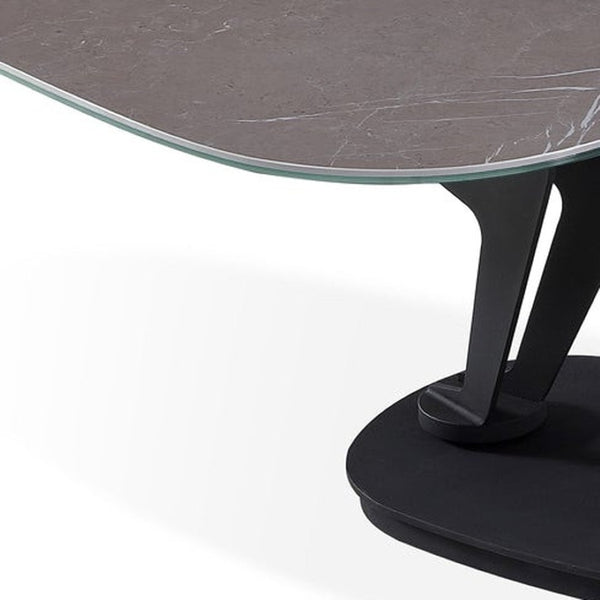 HomeRoots 36" Gray Ceramic Faux Marble Oval Coffee Table with Black Metal Base for Stylish Living Spaces 554269