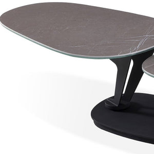 HomeRoots 36" Gray Ceramic Faux Marble Oval Coffee Table with Black Metal Base for Stylish Living Spaces 554269