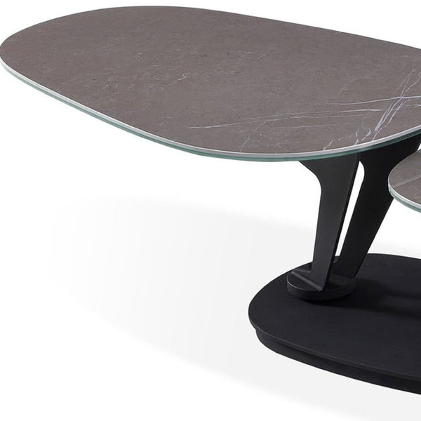 HomeRoots 36" Gray Ceramic Faux Marble Oval Coffee Table with Black Metal Base for Stylish Living Spaces 554269