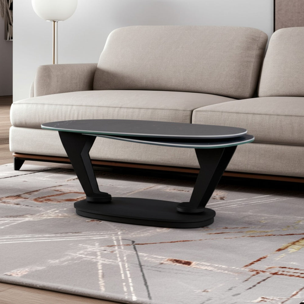 HomeRoots 36" Gray Ceramic Faux Marble Oval Coffee Table with Black Metal Base for Stylish Living Spaces 554269