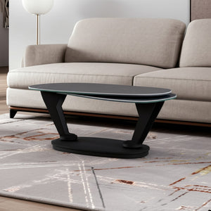 HomeRoots 36" Gray Ceramic Faux Marble Oval Coffee Table with Black Metal Base for Stylish Living Spaces 554269