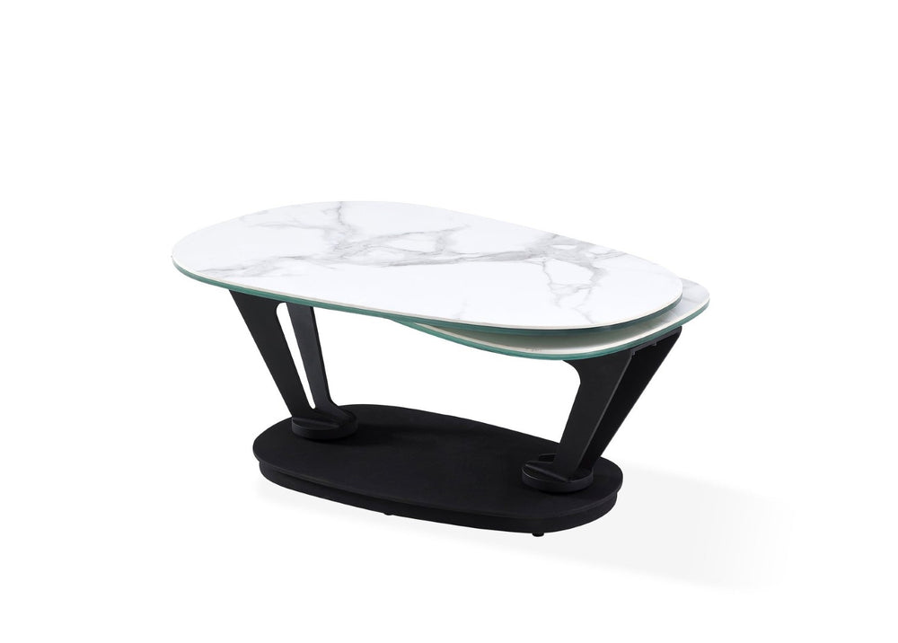 HomeRoots 36" Stylish White & Black Faux Marble Oval Coffee Table with Geometric Metal Base for Modern Living 554270