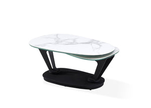 HomeRoots 36" Stylish White & Black Faux Marble Oval Coffee Table with Geometric Metal Base for Modern Living 554270