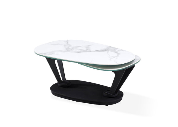 HomeRoots 36" Stylish White & Black Faux Marble Oval Coffee Table with Geometric Metal Base for Modern Living 554270