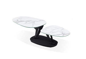 HomeRoots 36" Stylish White & Black Faux Marble Oval Coffee Table with Geometric Metal Base for Modern Living 554270