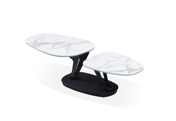 HomeRoots 36" Stylish White & Black Faux Marble Oval Coffee Table with Geometric Metal Base for Modern Living 554270