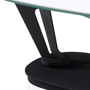 HomeRoots 36" Stylish White & Black Faux Marble Oval Coffee Table with Geometric Metal Base for Modern Living 554270