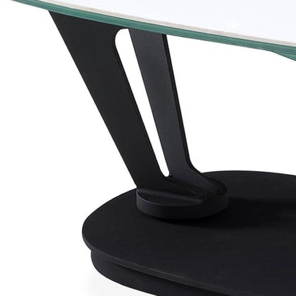 HomeRoots 36" Stylish White & Black Faux Marble Oval Coffee Table with Geometric Metal Base for Modern Living 554270