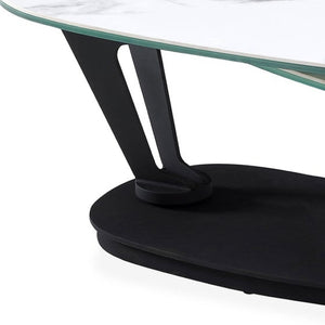HomeRoots 36" Stylish White & Black Faux Marble Oval Coffee Table with Geometric Metal Base for Modern Living 554270