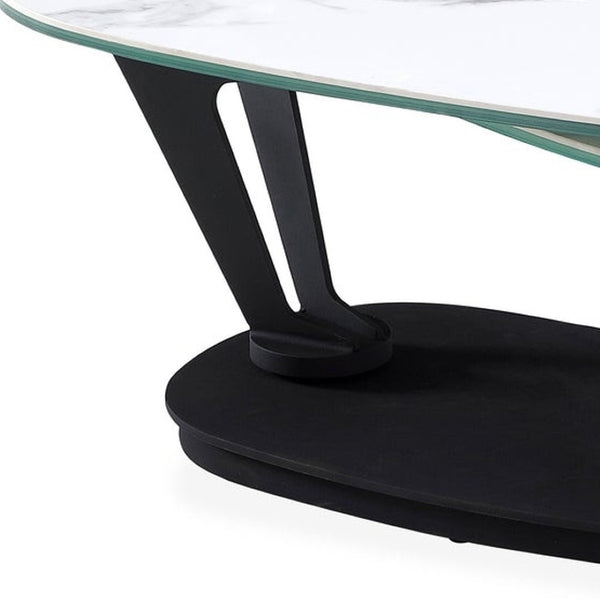 HomeRoots 36" Stylish White & Black Faux Marble Oval Coffee Table with Geometric Metal Base for Modern Living 554270