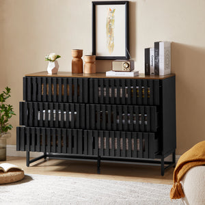 English Elm 6 Drawer Double Dresser Black Grille Striped Doors, Modern MDF & Metal Legs, Sturdy 6-Drawer Storage Elegance W578P193307