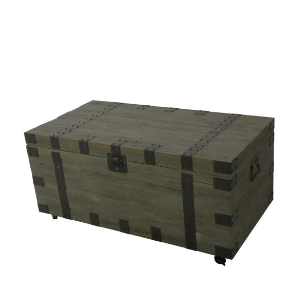 HomeRoots 22" Brown Reclaimed Wood Coffee Table - Rustic Trunk with Hidden Storage & Easy-Mobility Casters 554274