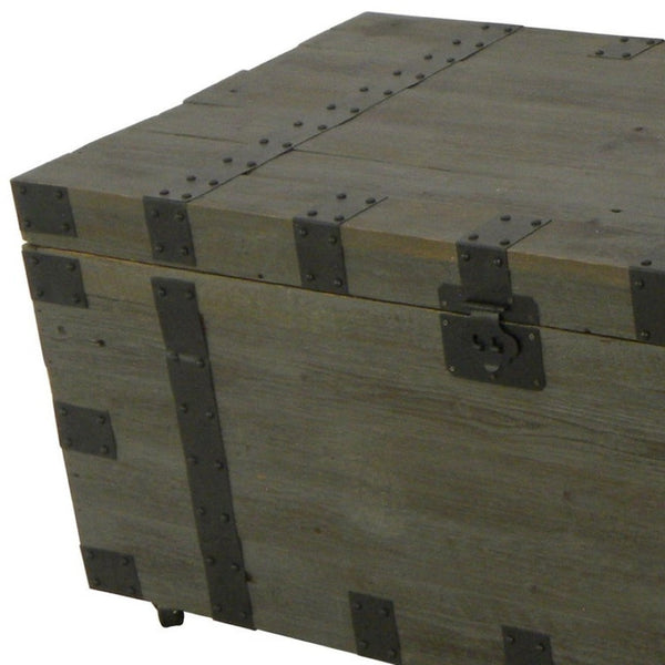 HomeRoots 22" Brown Reclaimed Wood Coffee Table - Rustic Trunk with Hidden Storage & Easy-Mobility Casters 554274
