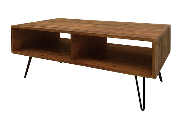 HomeRoots 23" Stylish Brown and Black Wood Coffee Table with Metal Base and Convenient Lower Shelf Storage 554275