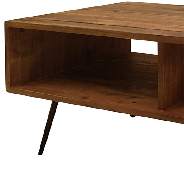 HomeRoots 23" Stylish Brown and Black Wood Coffee Table with Metal Base and Convenient Lower Shelf Storage 554275