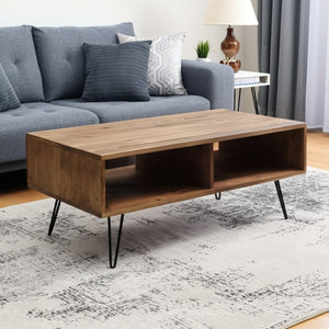 HomeRoots 23" Stylish Brown and Black Wood Coffee Table with Metal Base and Convenient Lower Shelf Storage 554275
