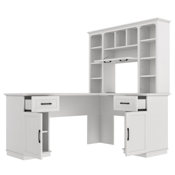 English Elm L-Shaped Corner Desk with 3 Cabinets, 2 Drawers & 11 Shelves, Built-In Power Outlet for Home Office White W1580S00188