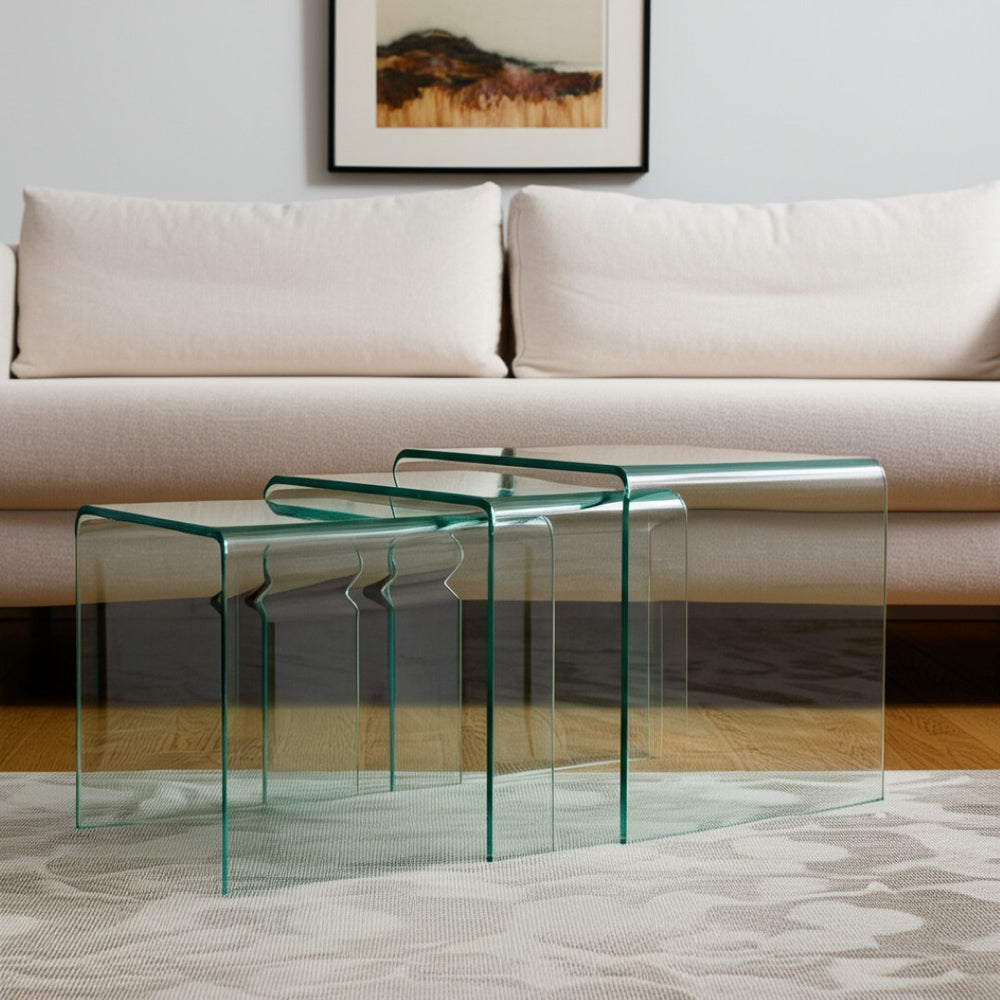 HomeRoots Set of Three Elegant Clear Glass Nesting Coffee Tables for Modern Living Space Design & Style 554276