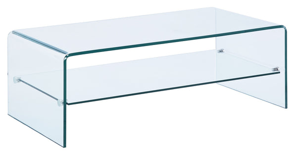 HomeRoots 43" Clear Glass Sled Coffee Table with Integrated Shelf - Modern Minimalist Design for Any Space 554278