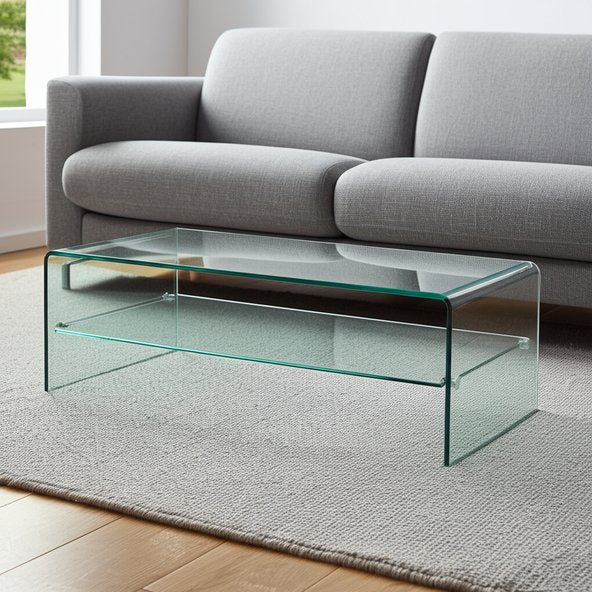 Homeroots 43" Clear Glass Sled Coffee Table With Shelf - Modern Design For Stylish Living Room & Office Use   554278