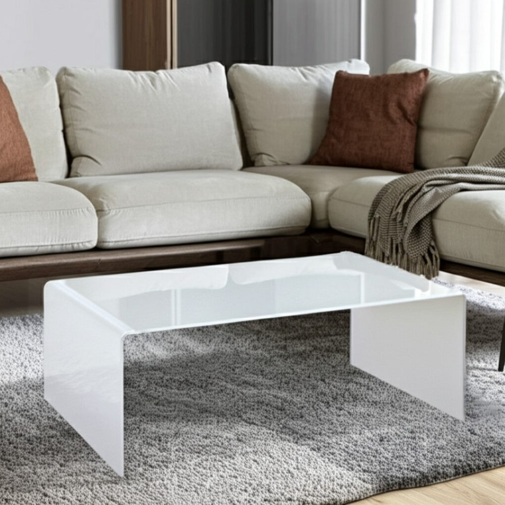 HomeRoots 24" White Glass Sled Coffee Table - Sleek Modern Design with Durable Top for Stylish Living Spaces 554279